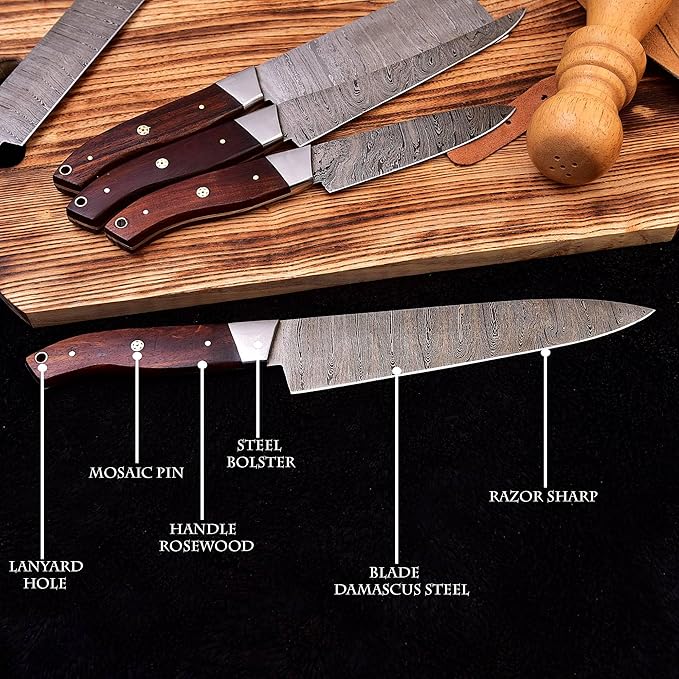 HM-(Brown) Custom Made Damascus Steel #6 Pcs of Professional Utility Kitchen knives Set Comes with Sweet Leather Roll Kit (3712)