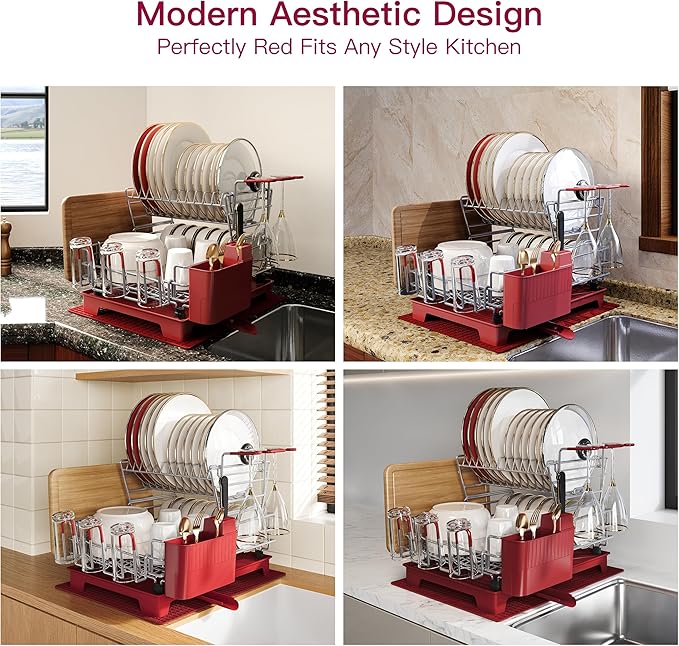 BOOSINY 2 Tier Red Large Stainless Steel Dish Drainers Drying Rack for Kitchen Counter with Drainboard, Rust Proof Metal, Space Saving, Modern Aesthetic, Compact Plates Strainers with Extra Mat