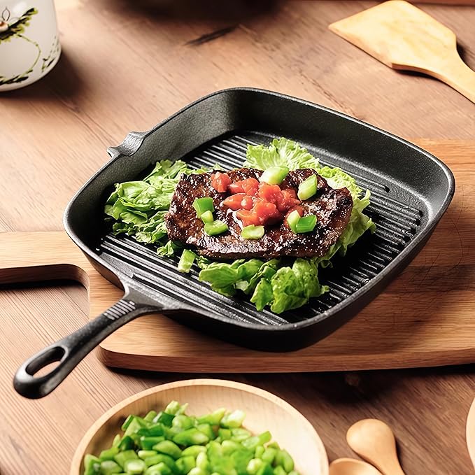 Cast Iron Grill Pan, 9.5 inch Square Grill Pan Skillet with Pour Spout, Cast Iron Griddle Pan with Small Meat Tong, Oil Brush & Hemp Rope for Stove Tops, Gas, Induction, Oven, Grill, Campfire