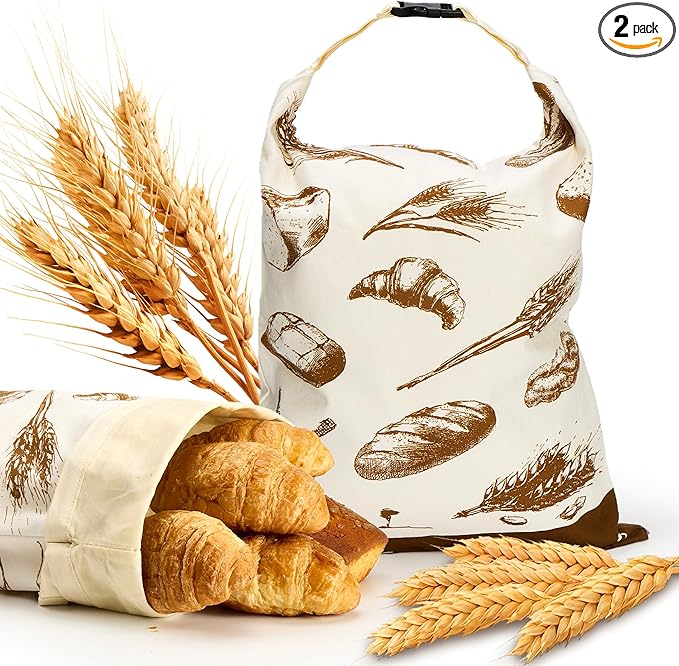 Reusable Beeswax Bread Bags - 2 Pack Airtight Food Storage for Homemade Sourdough & Bakery Bread Organic Cotton, Natural Beeswax Lined.