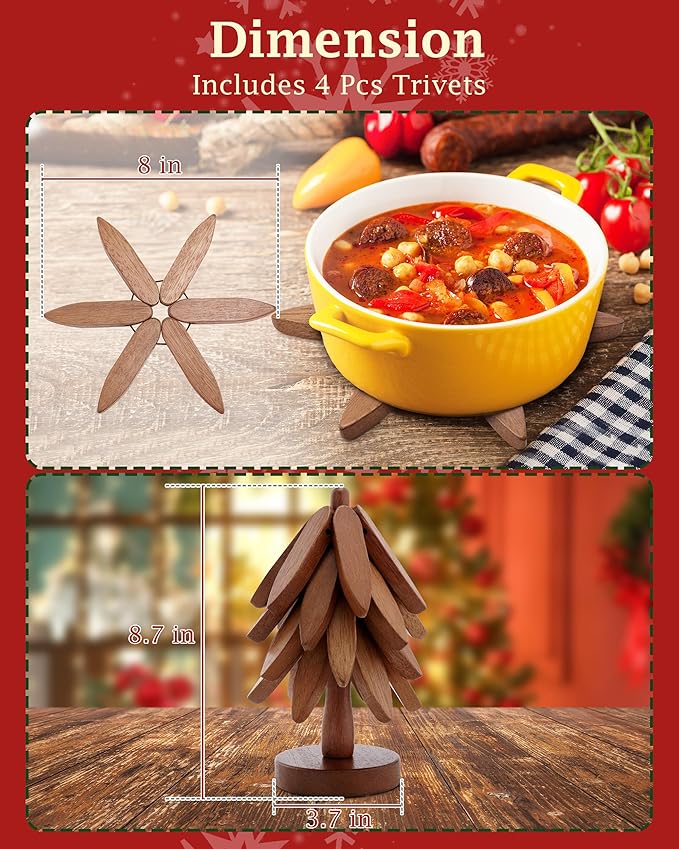 Wooden Trivets Tree for Hot Dishes, Set of 4 Wood Coaster for Hot Pots and Pans, Christmas Kitchen Decor for Family Members, 8 in Tree Shaped Wooden Pot Holders with Stand, 4PCS Dark Walunt