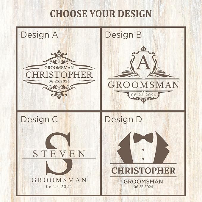 Personalized Groomsmen Whiskey Glass Gift Set - 4 Designs Custom Groomsman Gift - Personalized Wedding Bourbon Cup - 11 oz Engraved Groomsmen Scotch Glass in Wooden Box - Whiskey Gifts For Men