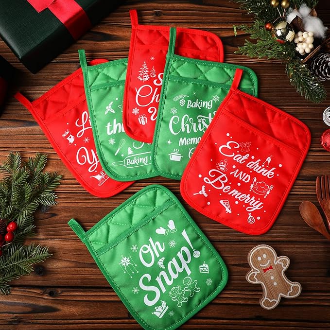 24 Pieces Christmas Pot Holders with Pocket Red Pocket Pot Holder Kitchen Hot Pad Oven Mitts Farmhouse Hot Potholders Cookie Bag Kitchen Cooking Baking