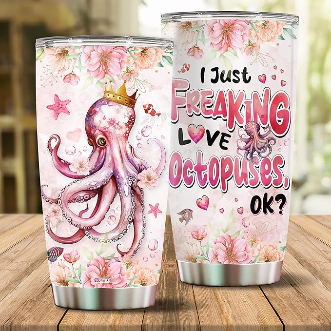 Octopus Tumbler 20oz Cute Animal Gift for Women, Girls Who Freaking Love Octopuses Lovers Flower Perfect Birthday Christmas Valentine Wife Daughter Insulated Stainless Steel Coffee Cup with Lid