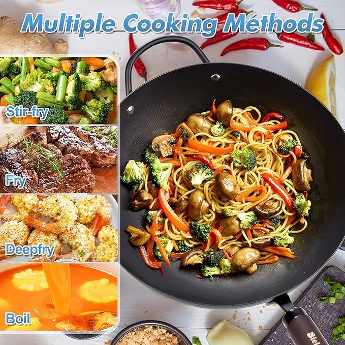 BIELMEIER Carbon Steel Wok, 12.5 Inch Stir Fry Pan with Lid, Natural Non-Stick Flat Bottom Wok for All Cooktops, Pre-Seasoned for Asian Cuisine, Sauté, Searing
