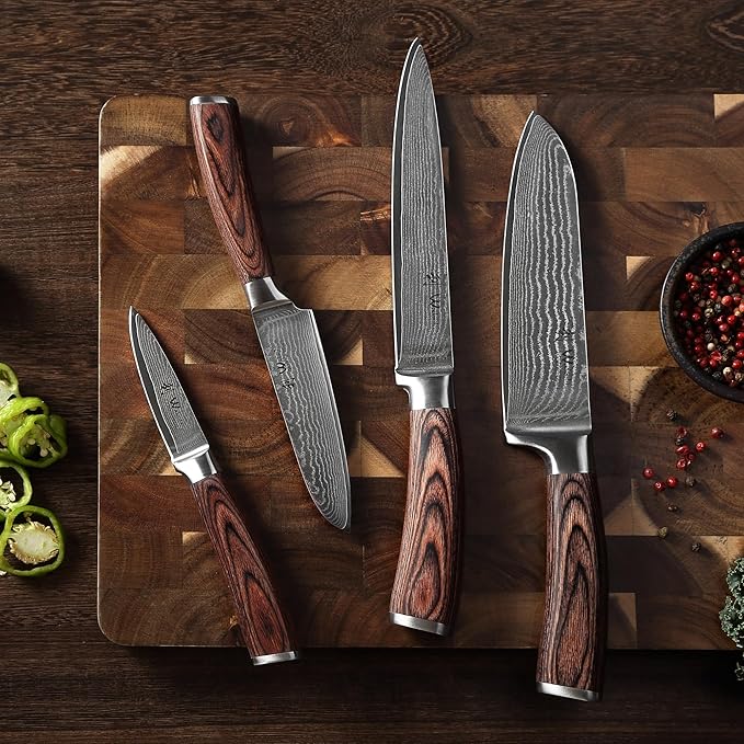 Wakoli EDIB 4-Piece Damascus Knife Set – Professional Chef Knives Set with VG10 Core Blades, 67-Layer Damascus Steel and Ergonomic Pakkawood Handles – Premium Kitchen Knives in Elegant Gift Box