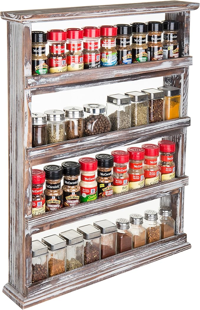 MyGift Wooden Spice Rack Wall Mount, Hanging 4 Tier Seasoning Jar Shelf Pantry Organizer, Vintage Rustic Torched