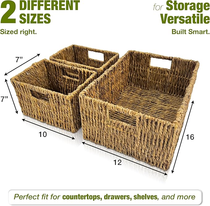 Wicker Basket Set – Stackable Storage Bins for Organizing Pantry & Kitchen – 1 Large Basket + 2 Small Baskets with Handle – Wicker Storage Baskets for Shelves & More