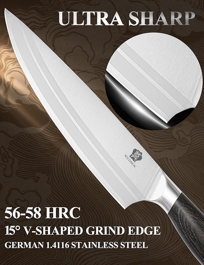 WILDMOK Professional Knife Set, 5 Pieces Kitchen Knife Set, German Stainless Steel Chef Knife Set withGift Box, Black Pakkawood Handle