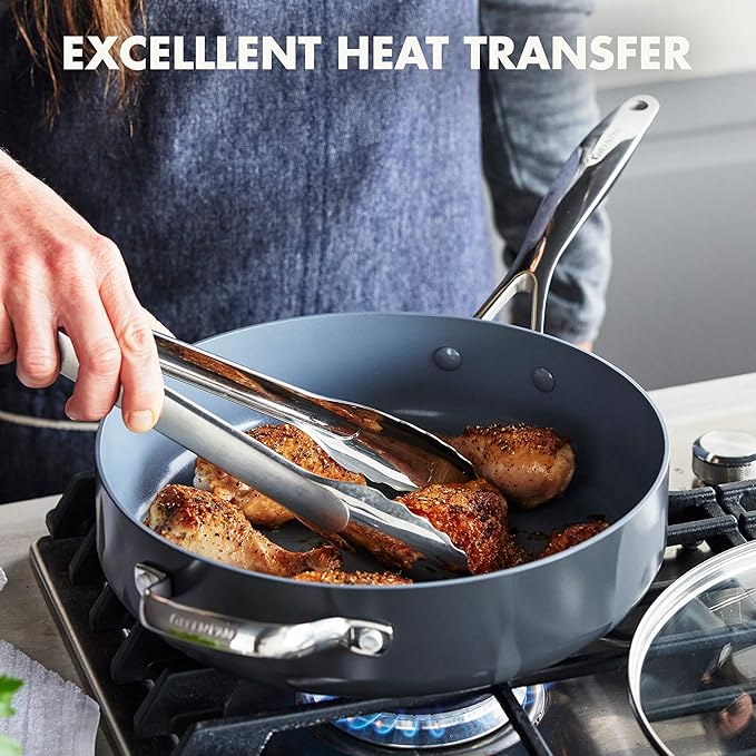 GreenPan Valencia Pro Hard Anodized Healthy Ceramic Nonstick 4.5QT Saute Pan Jumbo Cooker with Lid, PFAS-Free, Induction, Dishwasher Safe, Oven Safe, Gray