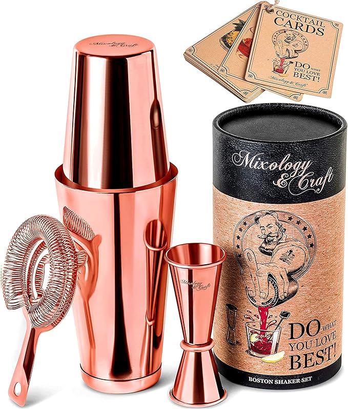 Mixology Cocktail Shaker Boston Shaker Set Professional Weighted Martini Shakers, Strainer and Japanese Jigger, Portable Bar Set for Drink Mixer Bartending, Exclusive Recipes Cards (Copper)