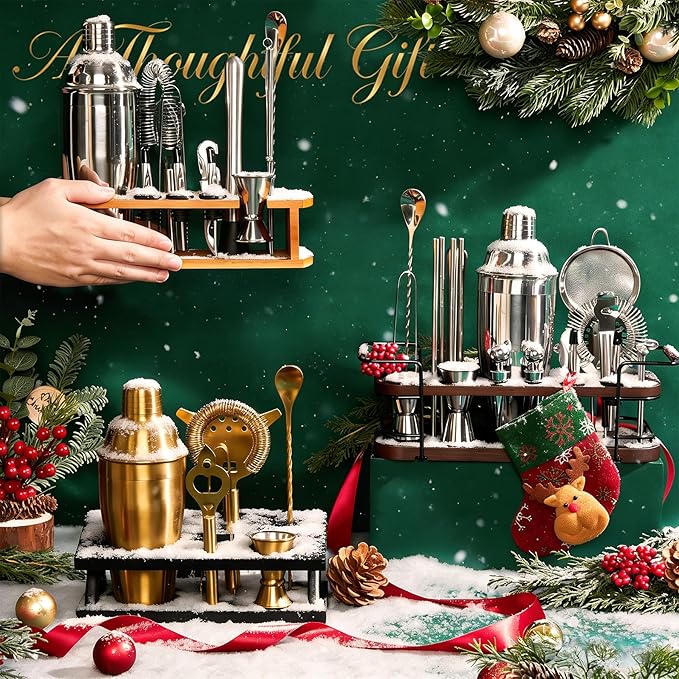 KITESSENSU Cocktail Shaker Set Bartender Kit with Stand | Bar Set Drink Mixer Set with All Essential Accessory Tools: Martini Shaker, Jigger, Strainer, Mixer Spoon, Muddler, Liquor Pourers |Silver