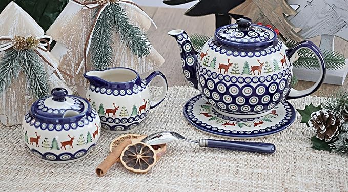 Blue Rose Polish Pottery - Blue Reindeer Pine Medium Teapot - 4 Cup Capacity - Polish Pottery Holiday Teapot, Festive Design for Coffee & Tea Service