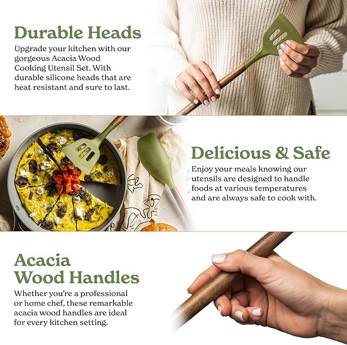 Silicone Kitchen Utensils Set & Holder: Cooking Utensils Set - Kitchen Essentials for New Home & 1st Apartment- Silicone Spatula Set, Cooking Spoons for Nonstick Cookware (Acacia Wood, Green)