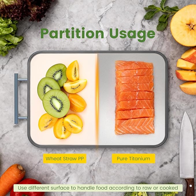 Titanium Cutting Boards for Kitchen, Non Toxic 2-in-1 Cutting Board Double Sided, Food Grade Pure Titanium and Wheat Straw PP, Easy to Clean Large Size 16”×11”
