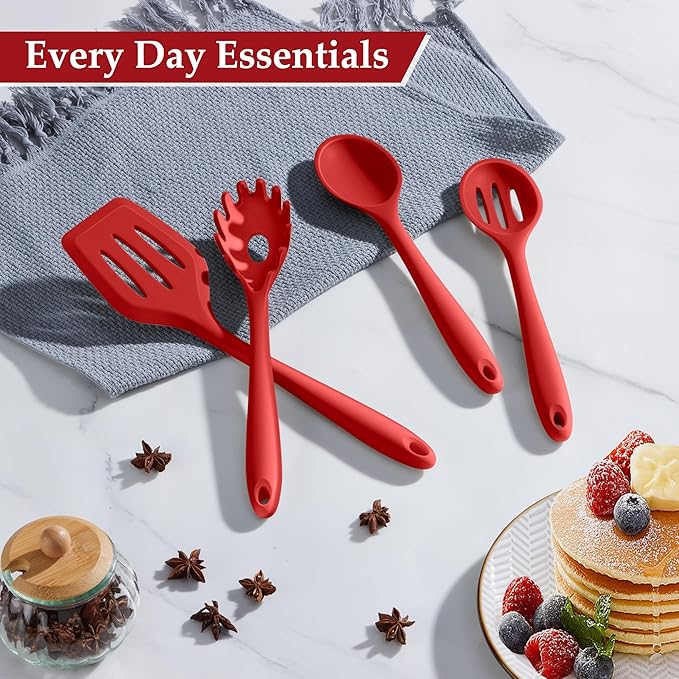 LIANYU 4Pcs Kitchen Utensils, Silicone Cooking Utensils Set, Heat Resistant Cooking Tools, Include Turner, Spoon, Pasta Server for Nonstick Cookware, Healthy & Dishwasher Safe, Red