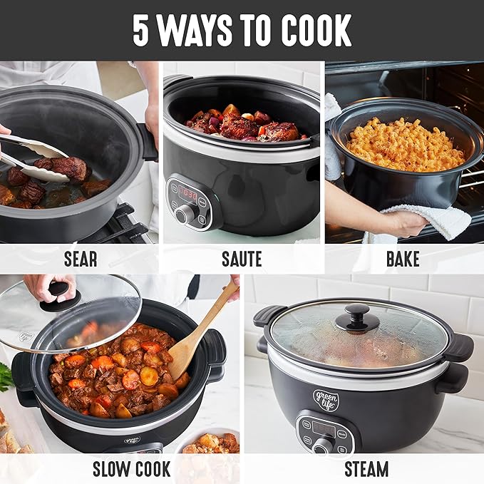 GreenLife 3.5QT Slow Cooker, PFAS-Free Non-Toxic Ceramic Nonstick Removable Interior Bowl, Programmable, Keep Warm, Stovetop & Oven Safe Pot, Dishwasher Safe Crock & Glass Lid, Black