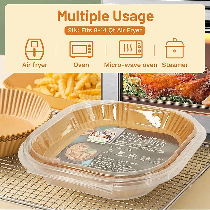Air Fryer Disposable Paper Liner, Natural Baking Parchment Paper Air fryer liners,Thickened Oil-Proof High Temperature,for Air Fryers,Ovens,Pan and Microwaves (9inch-XL-Thick, square-Brown)