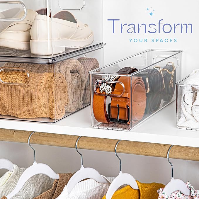 primebox Plastic Food Storage 2 Pack Clear Container Bin with Handles for Organizing Kitchen, Pantry, Refrigerator, Freezer, Pantry, Cabinet, Closet, Bathroom. 16”x4”x5”