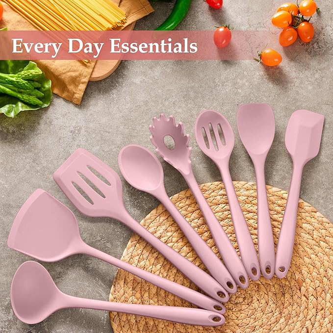 LIANYU Kitchen Silicone Utensils Set, 8Pcs Cooking Utensils Spatula Set for Nonstick Cookware, Heat Resistant Kitchen Gadgets Include Silicone Spoon, Turner, Spatula, Ladle, Dishwasher Safe, Pink