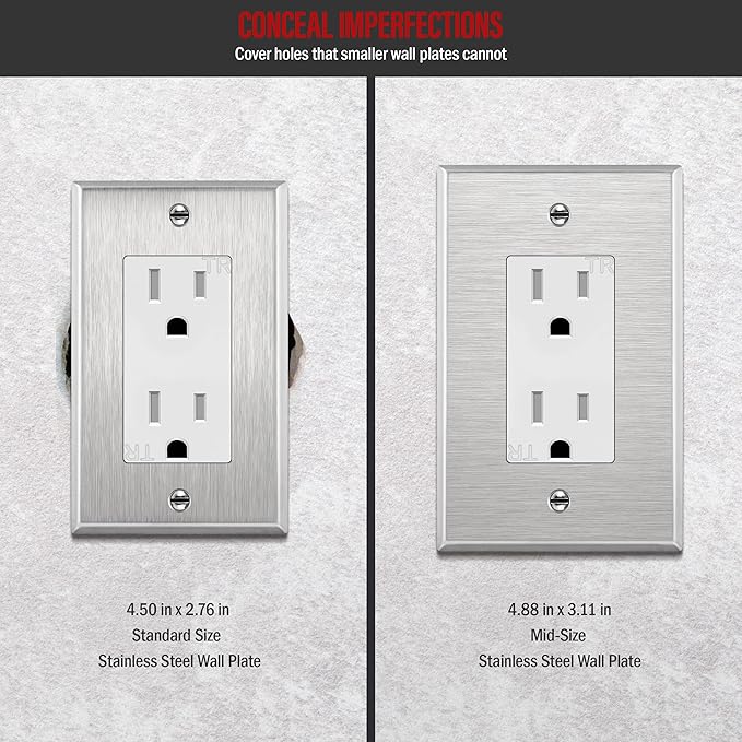 ENERLITES Decorator Switch or Outlet Metal Wall Plate, 430 Stainless Steel, Corrosion Resistant, Mid-Size 1-Gang 4.88" x 3.11", UL Listed, 7731M, Silver