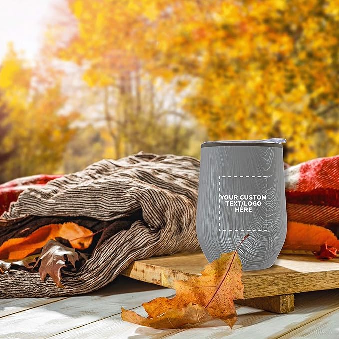 Custom Palmera Stemless Wine Tumblers with Lids 12 oz. Set of 6, Personalized Bulk Pack - Perfect for Wine, Cocktails, Other Hot & Cold Beverages - Rustic Grey
