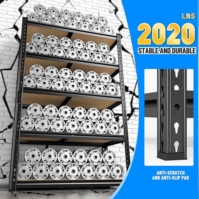 Bepatio Garage Shelving 2020LBS Storage Shelves 72.05" H Metal Shelving Heavy Duty Pantry Shelves Adjustable Garage Shelf for Kitchen Warehouse Basement, 35.43" W x 11.81" D x 72.05" H