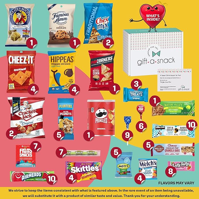 Gift A Snack - Holiday Christmas Stocking Stuffers, Snack Box Variety Pack Care Package + Greeting Card (100 Count) Xmas Birthday Sweet Treats Gift Basket, Candies Chips Crackers Bars