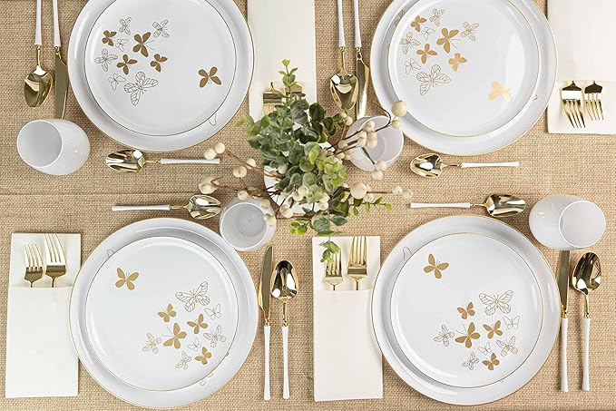 PLASTICPRO [30 Pack 10.6 Plastic Party Plates Edge Collection Premium heavyweight Elegant Disposable Tableware Dishes Butterfly Collection