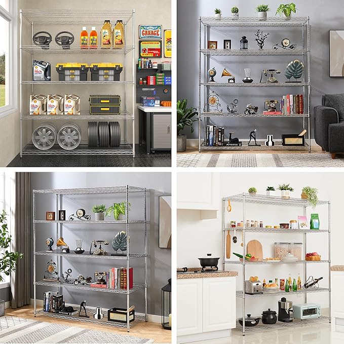 Metal Wire Shelving Unit Storage Shelves, Heavy Duty Metal Storage Shelf with Wheels, Adjustable Commercial Wire Rack for Garage or Kitchen (Silver, 5-Tier, 60"x18"x72")