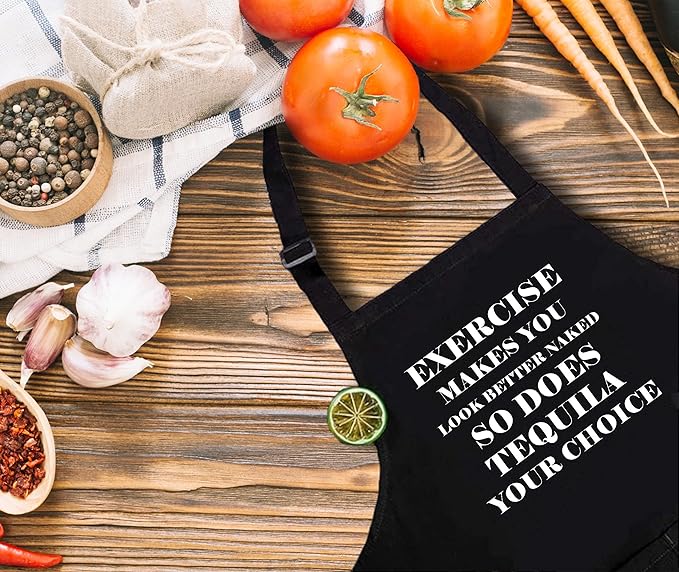 Funny Bar Aprons for Women Men with 2 Pockets - Waterproof Adjustable Bib Apron for Cooking Kitchen, Exercise Makes You Look Better Naked so Does Tequila Your Choice, Black