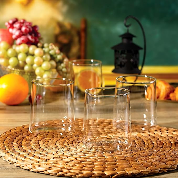 Joseph Sedgh Collection Clear Glass Tumbler Set of 4 – 16.5 oz Borosilicate Drinking Glasses – Durable, Lead-Free, Dishwasher Safe – Modern Water, Juice, Cocktail Glasses