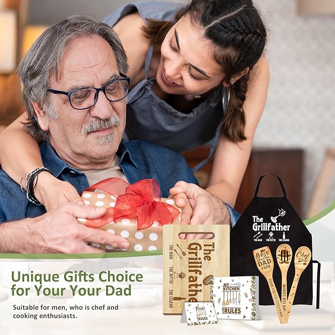 Dad Gifts, Christmas Dad Gifts from Daughter Son, Wooden Cutting Board Utensils Set with Apron, Great Daddy Christmas Stocking Stuffer Father's Day Birthday Kitchen Present