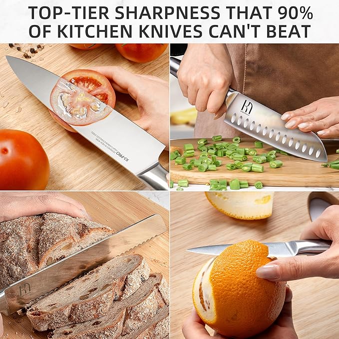 Kitchen Knife Set with Block 17 Pcs, Knife Block Set, Japanese High Carbon Stainless Steel Knives Set for Kitchen with Sharpener, Razor Sharp Premium Block Knife Sets
