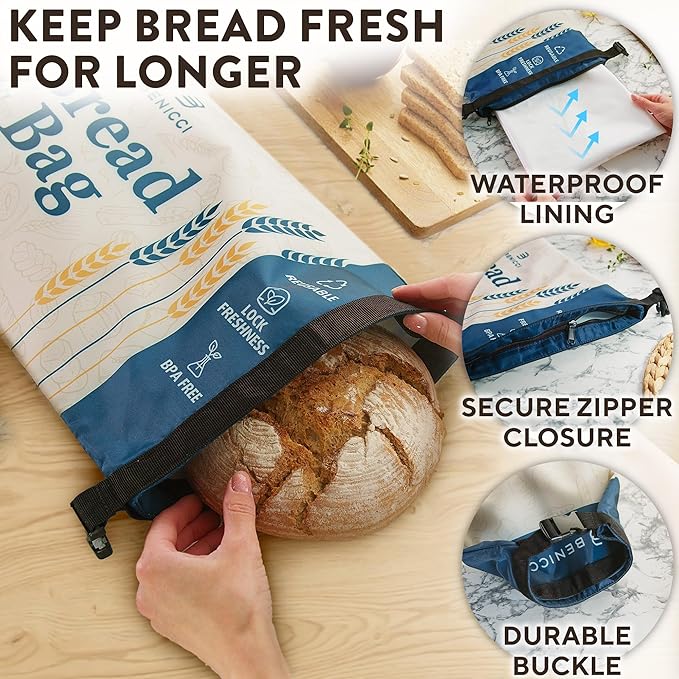2 Pack Reusable Bread Bags - Perfect To Store Homemade Sourdough Loaf Breads - Special Double-Lock for Longer Freshness - Extra Large Food-Grade Bags - Freezer-Safe Bags for Bread Lovers
