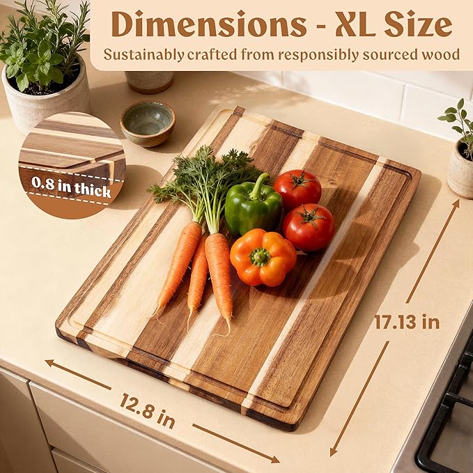 Acacia XL Wood Cutting Board for Kitchen, Large Cutting Board 17.1 × 12.8 - Chopping Board with Juice Groove, Knife-Friendly & Durable Wooden Cutting Board