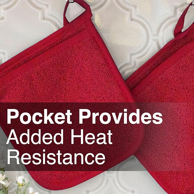 RITZ Terry Pocket Mitt & Hot Pad: Unparalleled Heat Resistant, Durable 100% Cotton – Ergonomically Designed for Optimal Grip – Easy-Care Machine Washable – 4-Pack, Paprika Red