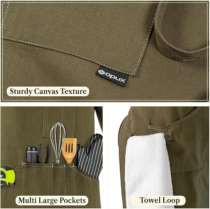 opux Chef Apron for Men, Kitchen Apron with Pockets for Women, Large Unisex Canvas Apron for Cooking Grilling BBQ Baking.