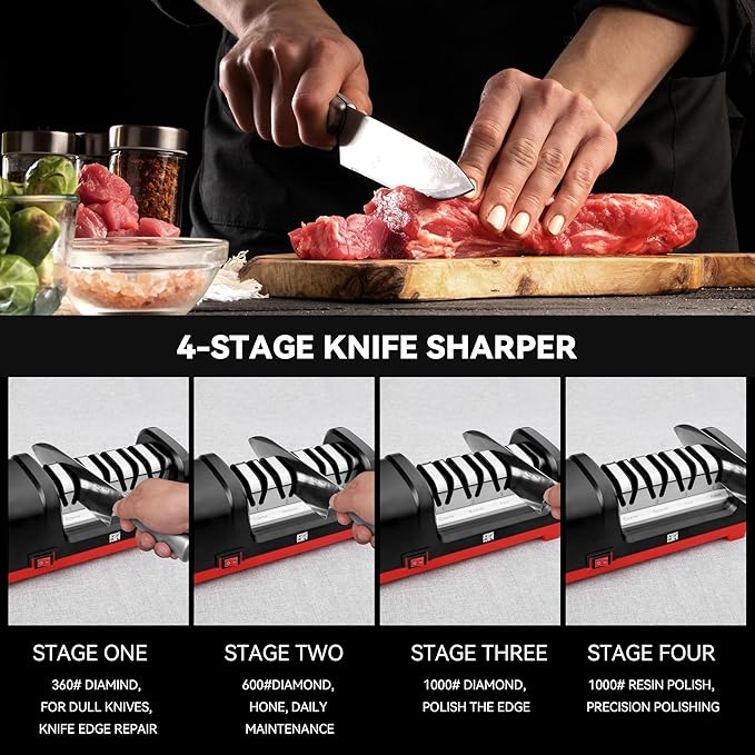 Electric Knife Sharpener, Professional Kitchen 4-Stage Knife Sharpening Kit, 3 Stage 100% Diamond Abrasive, Resin Polishing, 20° Precision Angle for Straight, Serrated Ceramic Knives