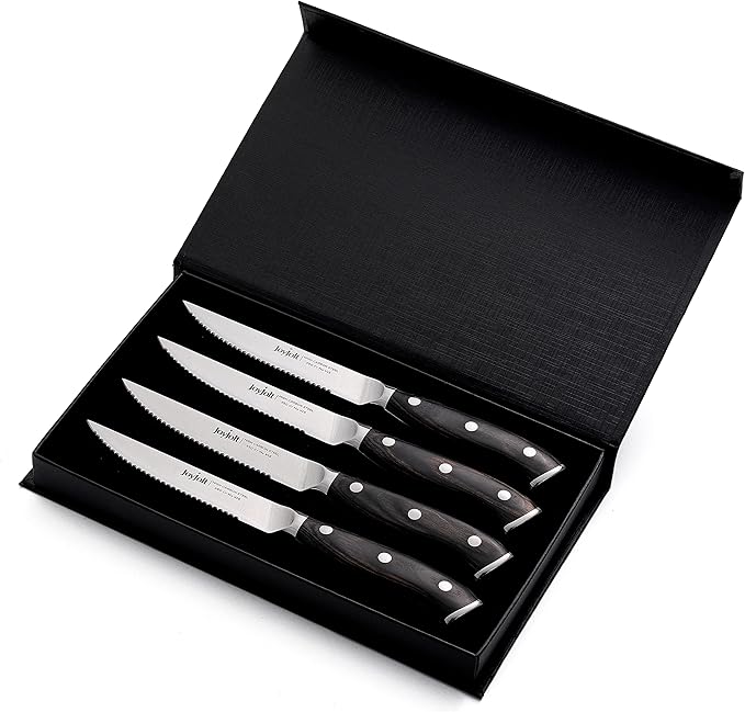 JoyJolt 4pc Steak Knives Set of 4. High Carbon, x50 German Steel Kitchen Knife Set, Magnetic Gift Boxed