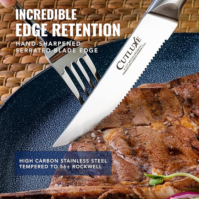 Cutluxe Steak Knives Set of 4, Serrated Steak Knives – Forged High Carbon German Steel, Full Tang, Ergonomic Handle Design – Artisan Series