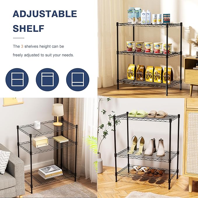 3-Tier Wire Shelf Rack,24" Dx14 Wx 30" H,Wire Metal Shelving with Lockable Wheels,Height Adjustable Storage Sranding Shelves for Kitchen,Living Room,Laundry,Office,Pantry,Studio,Black