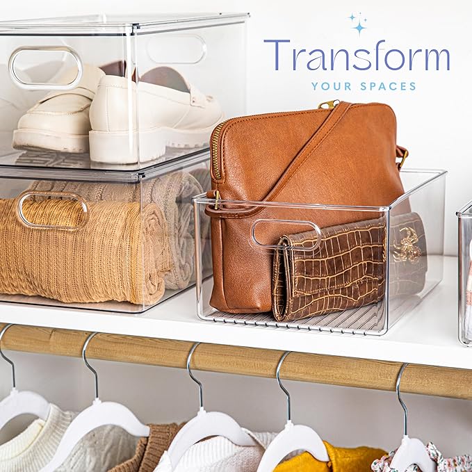 primebox Plastic Food Storage 2 Pack Clear Container Bin with Handles for Organizing Kitchen, Pantry, Refrigerator, Freezer, Pantry, Cabinet, Closet, Bathroom 10”x8”x5”