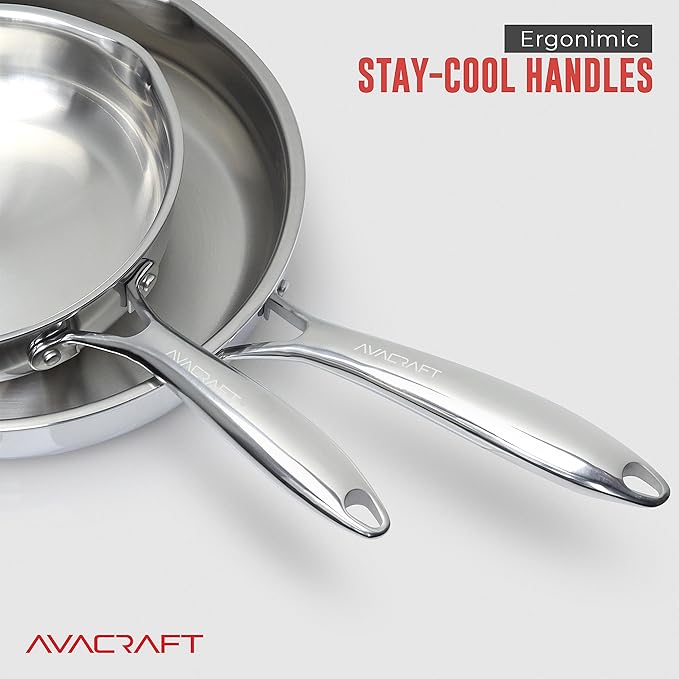 AVACRAFT 18/10 12 Inch Stainless Steel Frying Pan with Lid, Side Spouts, Induction Pan, Versatile Stainless Steel Skillet, Fry Pan in our Pots and Pans (12 inch)
