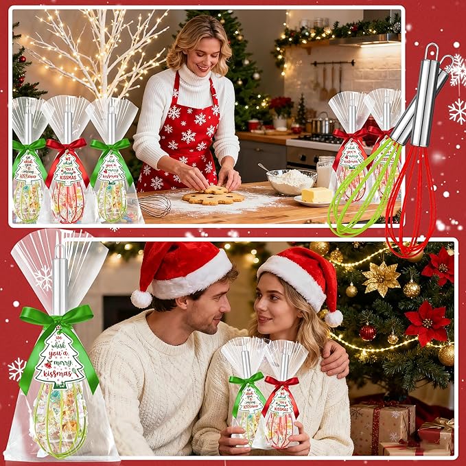 24 Sets 10 Inch Christmas Whisk Baking Gifts, DIY Fillable Christmas Tree Ornaments, Xmas Colored Silicone Whisks for Xmas Employee Neighbor Cooking Supplies Xmas Stocking Stuffers Candy Holder