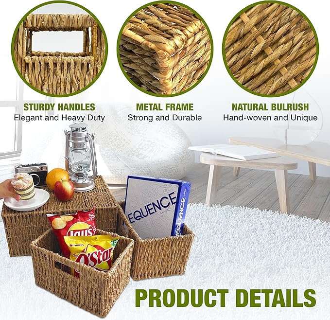Wicker Basket Set – Stackable Storage Bins for Organizing Pantry & Kitchen – 1 Large Basket + 2 Small Baskets with Handle – Wicker Storage Baskets for Shelves & More