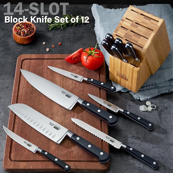 Cooks Standard Kitchen Knife Set with Block 12-Piece, Stainless Steel Forge High Carbon German Blade with Expandable Bamboo Storage Block for Extra Slots, Black