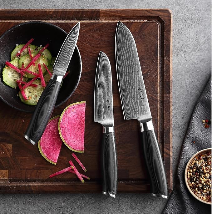 Wakoli Mikata 3-Piece Damascus Knife Set – Professional Kitchen Knife Set with VG10 Core, 67-Layer Damascus Steel and Ergonomic Micarta Handles – Premium Kitchen Knives Gift Set in Elegant Box