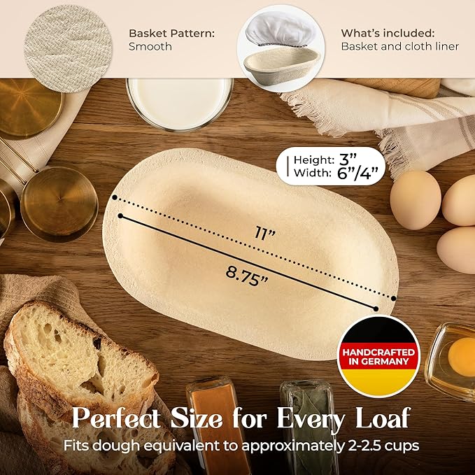 Wood Pulp Banneton Bread Proofing Basket – 11" Oval 1.1LB Brotform, Smooth Surface – Non-Stick Natural Wood Pulp Pressed for Durability– Made in Germany Proofing Baskets for Sourdough Bread Baking