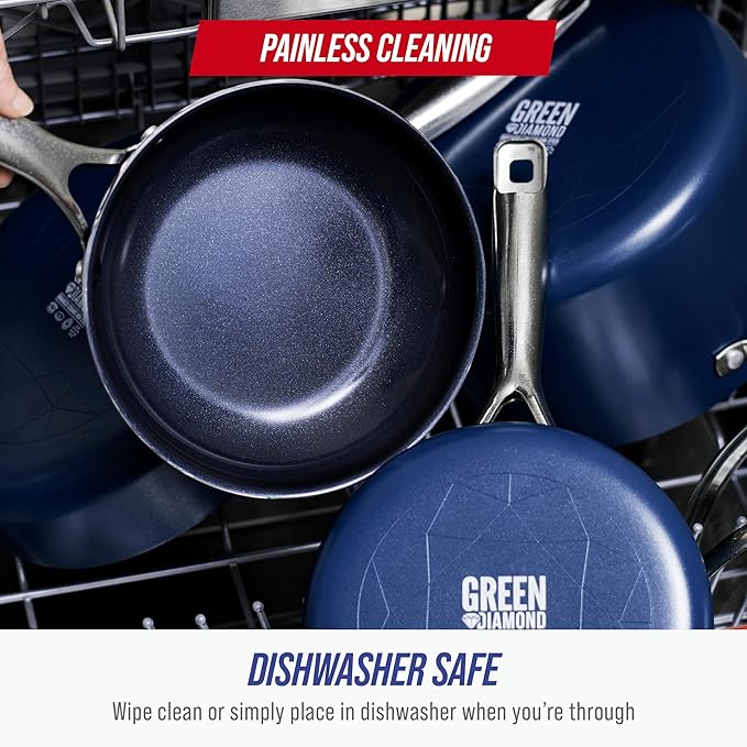 Blue Diamond 14 Piece Nonstick Cookware Set, Diamond Ceramic Pots & Pans, Dishwasher & Metal Utensil Safe, Non Toxic PFAS-Free, Kitchen Cooking Sauce & Saute Pans, Oven & Broiler to 600F, Blue